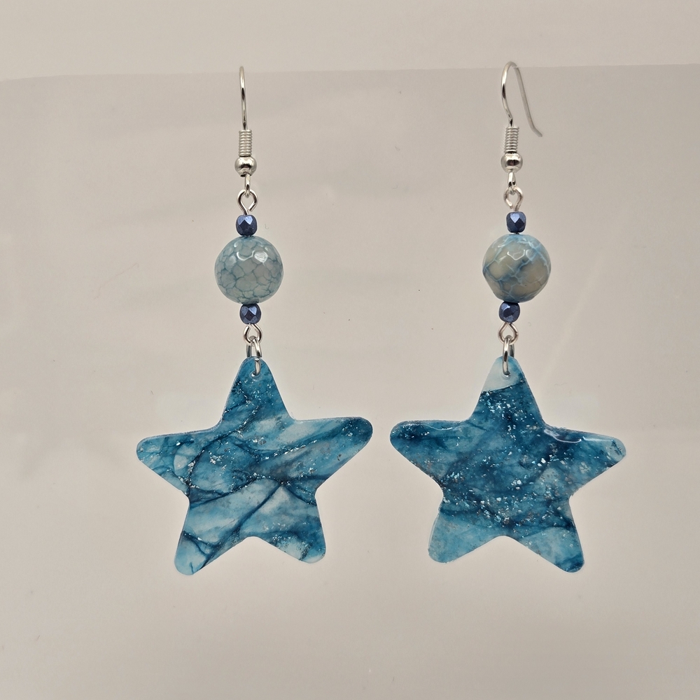 #B309- Elegant Blue Star Earrings with Agate Beads